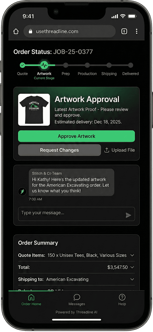 Customer portal showing artwork approval on mobile
