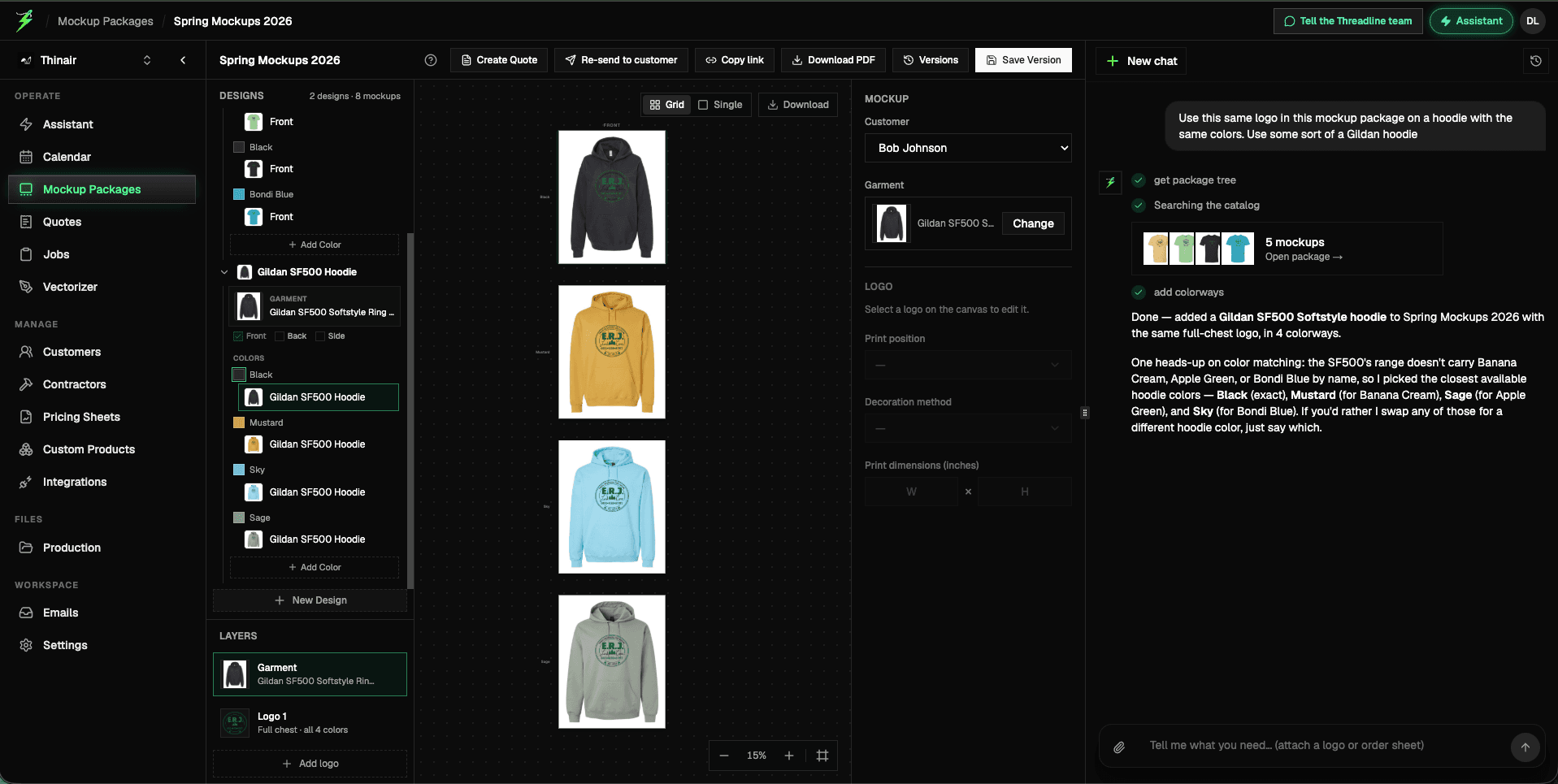 The Threadline assistant adding a Gildan SF500 hoodie in four matched colorways from a single chat instruction
