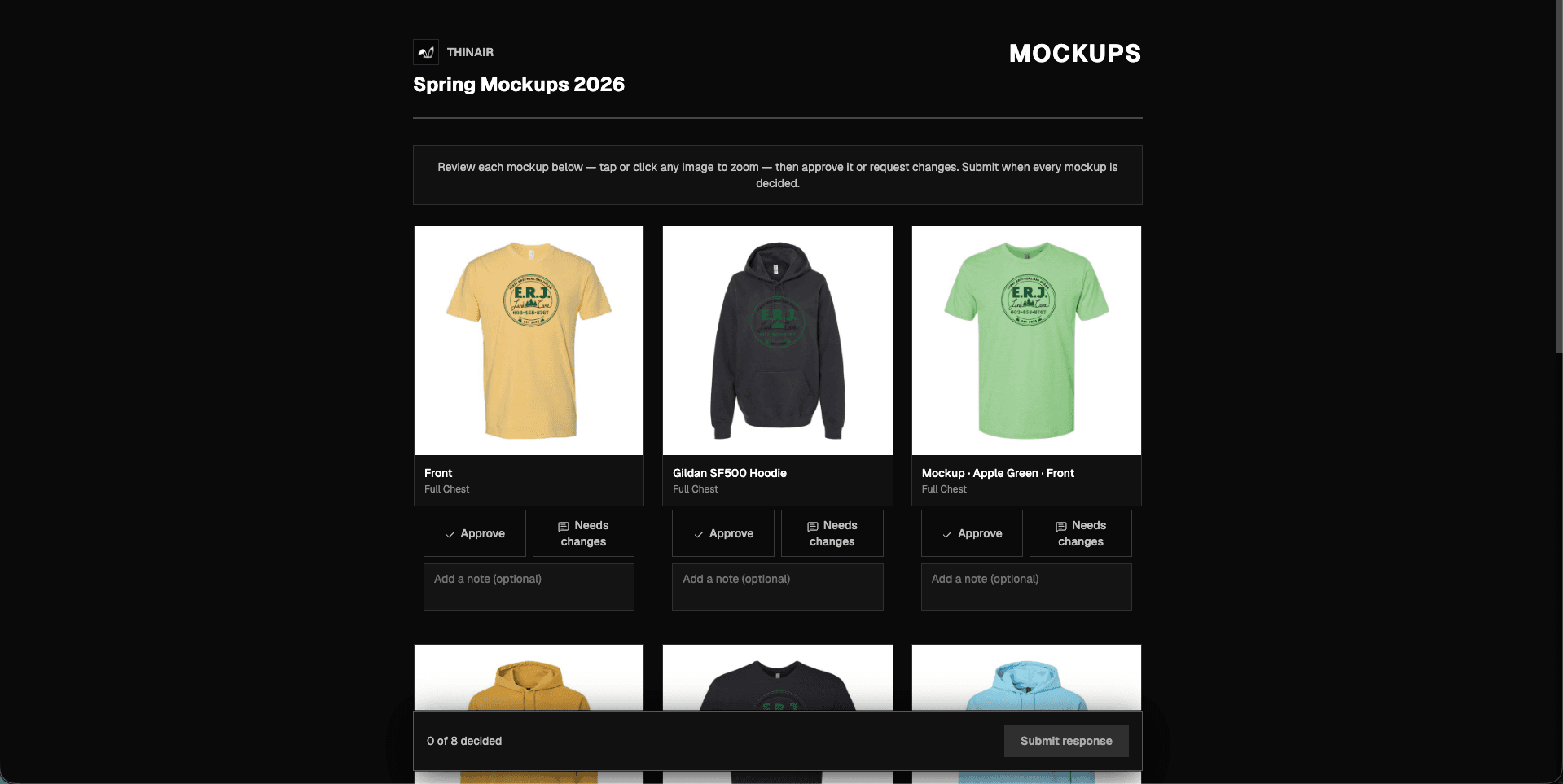The customer approval page: eight mockups with Approve and Needs-changes buttons and a submit bar