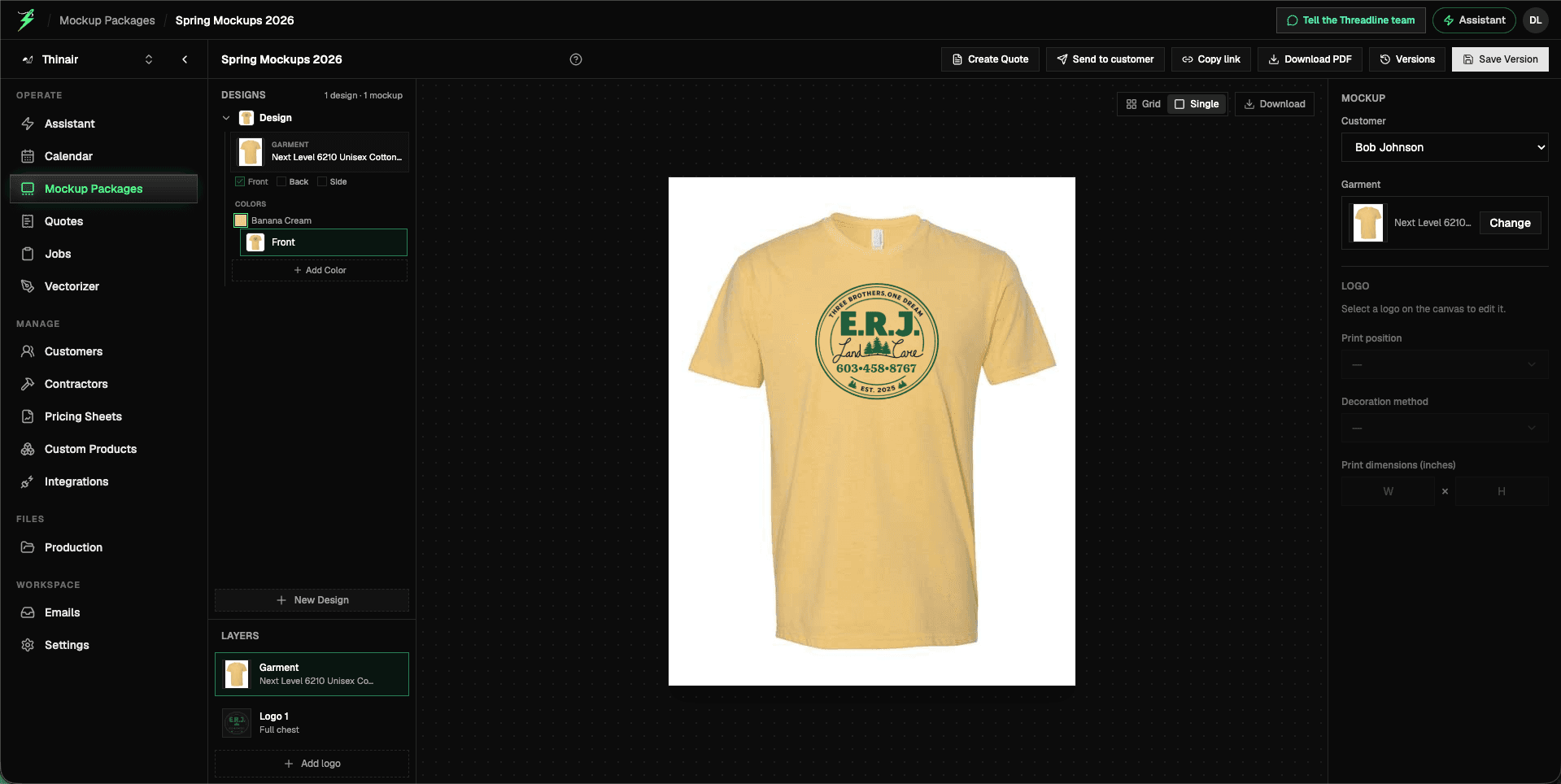 The Threadline mockup studio showing a customer logo placed on a Next Level 6210 tee in Banana Cream