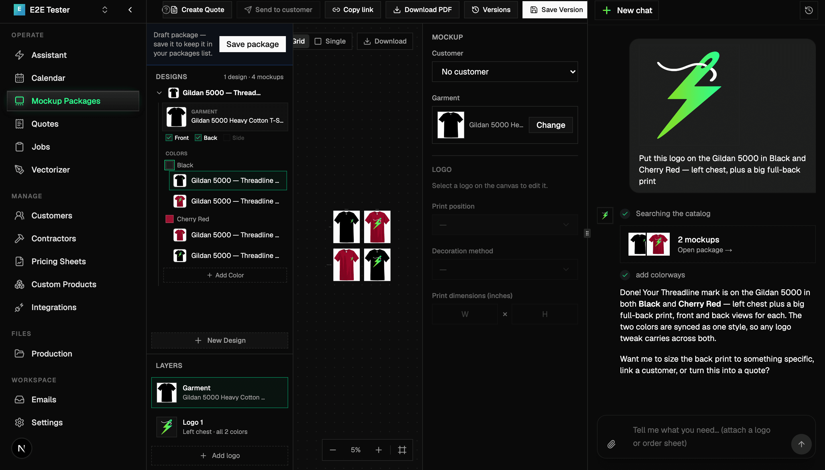 The Threadline mockup studio: a Gildan 5000 design in two synced colorways on the canvas, with the assistant chat building the package from a single instruction